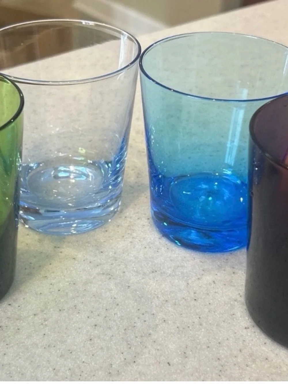 4 Vintage Colored Glass Tumblers - Blue/Red/Green/Clear-3 1/2”